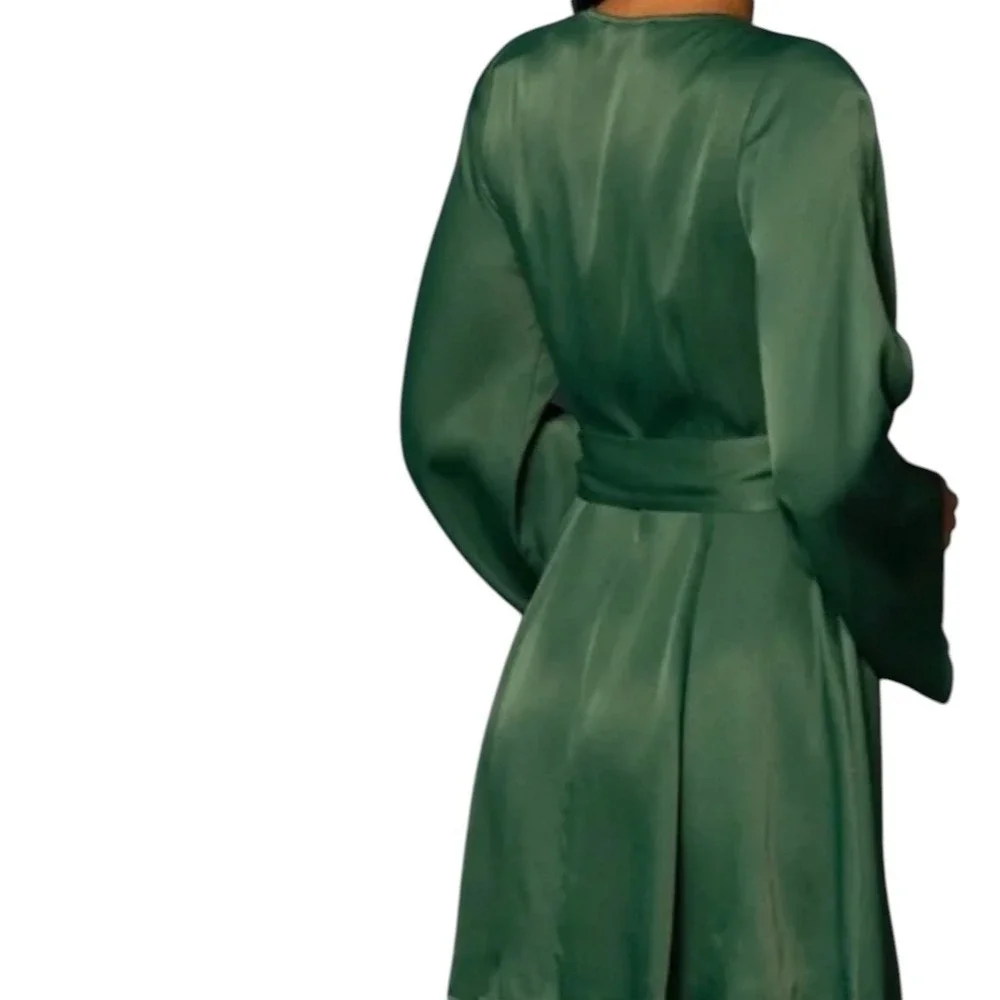 SHORE Emerald Green Satin Wrap Dress Bell Sleeve Tie Waist Mini Sz Large NWT$238 - Picture 7 of 10